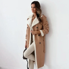 Women's long coat with contrasting shearling-style trim