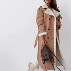 Women's long coat with contrasting shearling-style trim