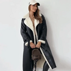 Women's long coat with contrasting shearling-style trim