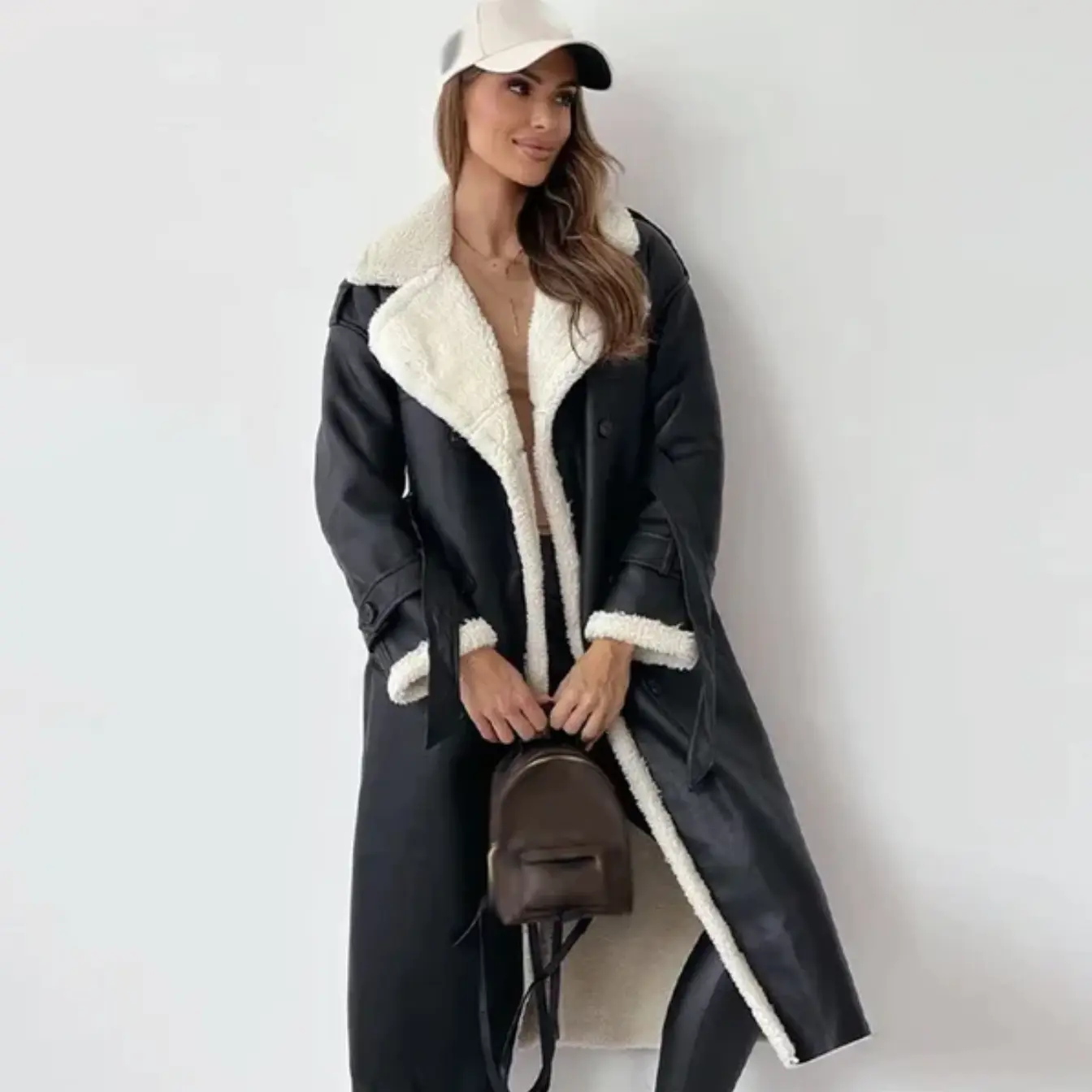 Women's long coat with contrasting shearling-style trim