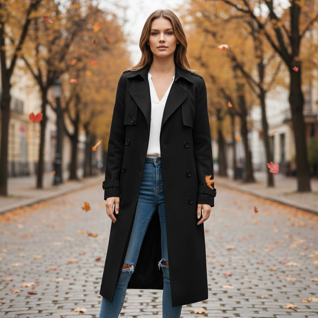 Women's long double-breasted trench coat with notched lapels and long sleeves