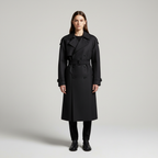 Women's long double-breasted trench coat with notched lapels and long sleeves