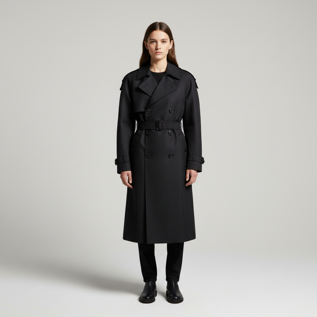 Women's long double-breasted trench coat with notched lapels and long sleeves
