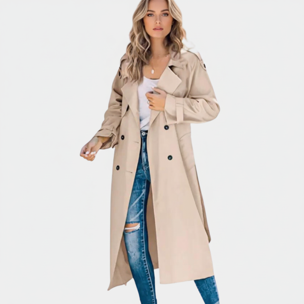 Women's long double-breasted trench coat with notched lapels and long sleeves