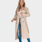 Women's long double-breasted trench coat with notched lapels and long sleeves
