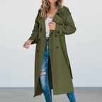Women's long double-breasted trench coat with notched lapels and long sleeves