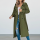 Women's long double-breasted trench coat with notched lapels and long sleeves