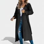 Women's long double-breasted trench coat with notched lapels and long sleeves