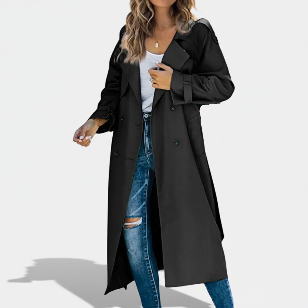 Women's long double-breasted trench coat with notched lapels and long sleeves