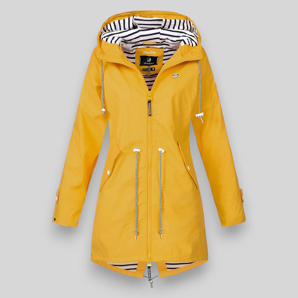 Women's hooded longline rain jacket with striped lining and zipped pockets