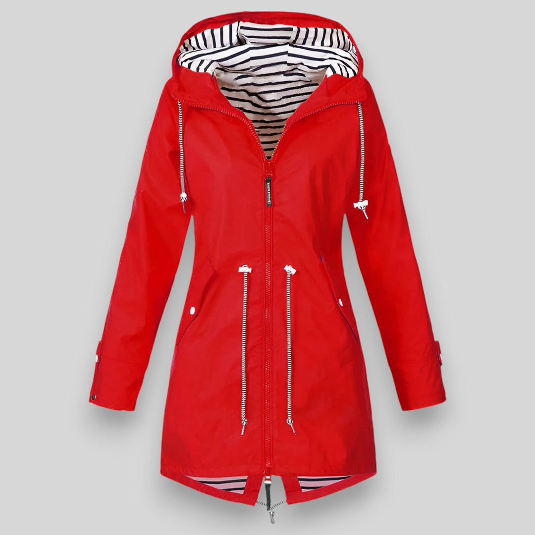 Women's hooded longline rain jacket with striped lining and zipped pockets