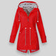 Women's hooded longline rain jacket with striped lining and zipped pockets