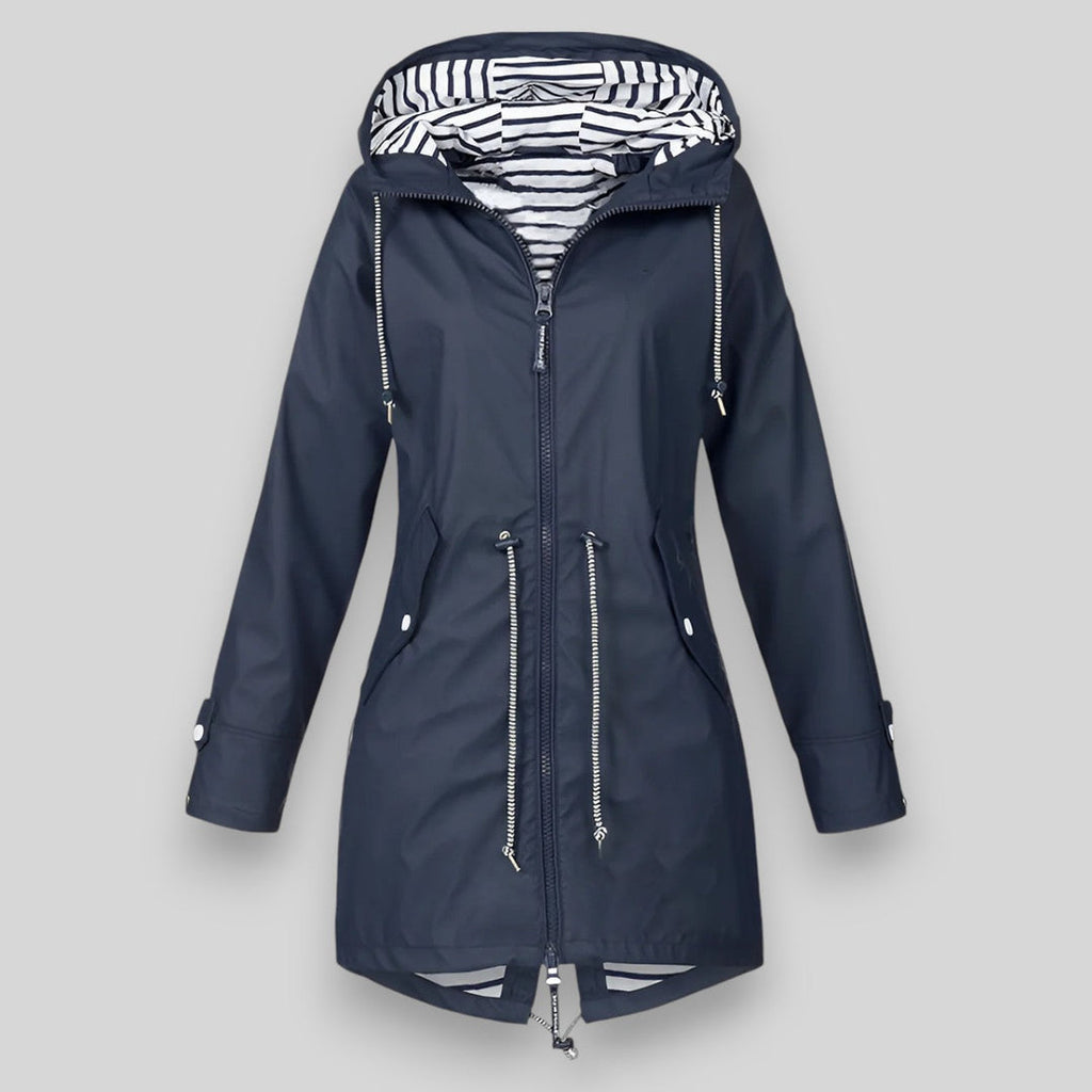 Women's hooded longline rain jacket with striped lining and zipped pockets
