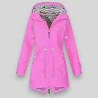 Women's hooded longline rain jacket with striped lining and zipped pockets