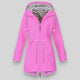 Women's hooded longline rain jacket with striped lining and zipped pockets
