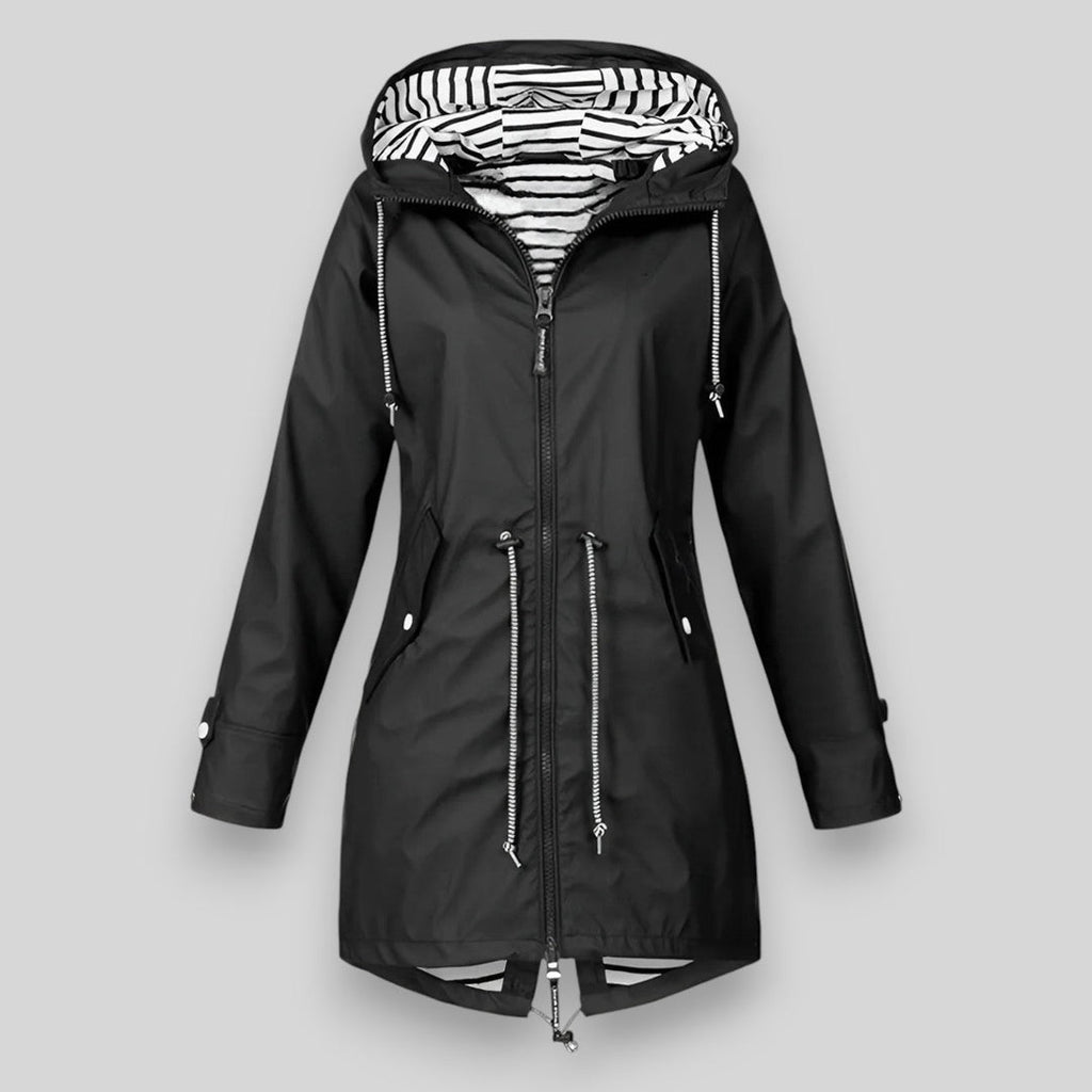 Women's hooded longline rain jacket with striped lining and zipped pockets