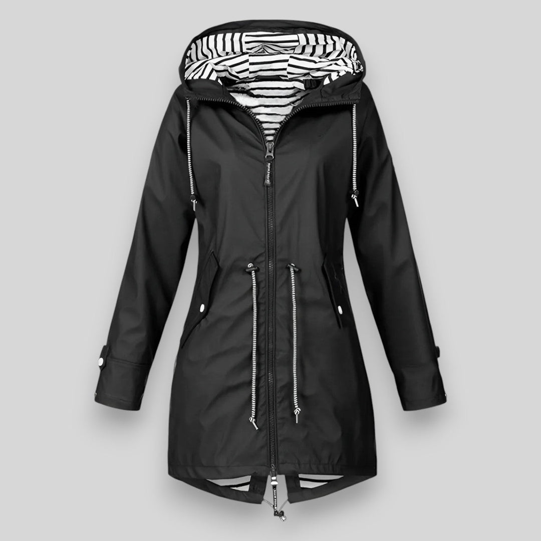 Women's hooded longline rain jacket with striped lining and zipped pockets