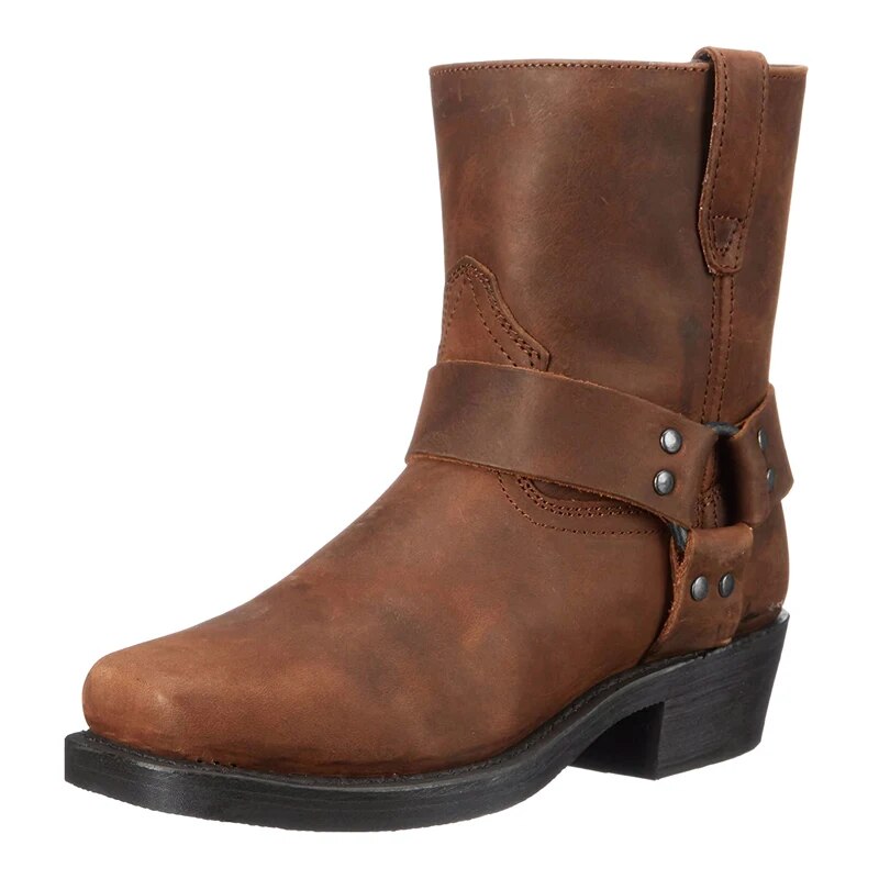 Men's western cowboy boot with harness strap and low heel