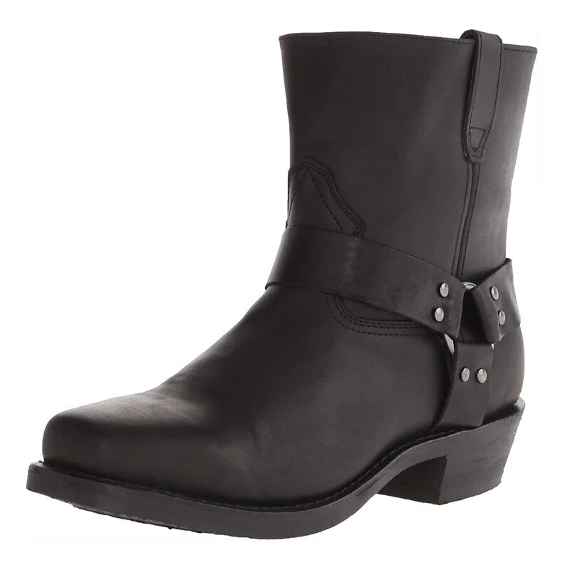 Men's western cowboy boot with harness strap and low heel
