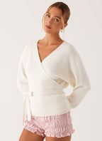 Women's ivory ribbed wrap cardigan with V-neckline, long sleeves and tie waist