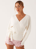 Women's ivory ribbed wrap cardigan with V-neckline, long sleeves and tie waist