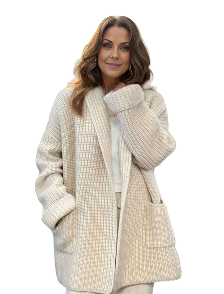 Women's beige long ribbed cardigan with open front and front pockets