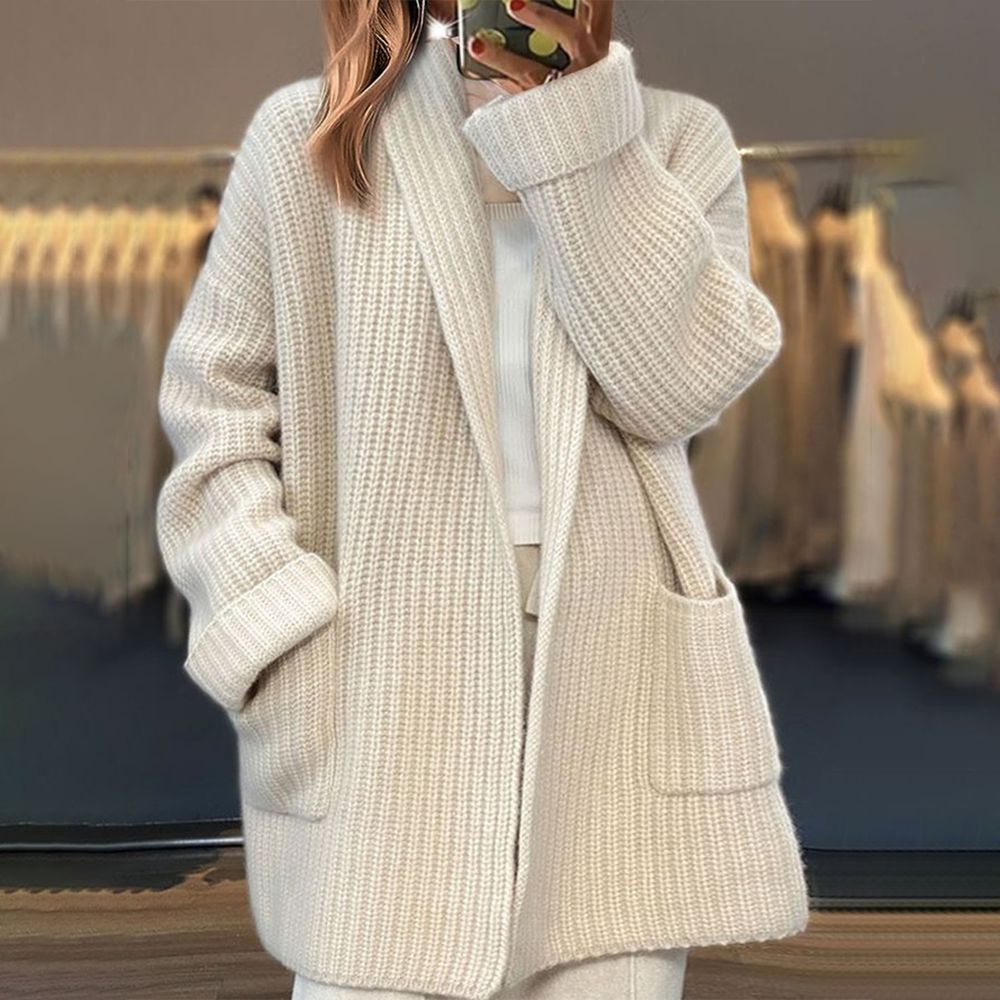 Women's beige long ribbed cardigan with open front and front pockets