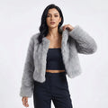 Women's cropped fur-textured cardigan with an open front and long sleeves