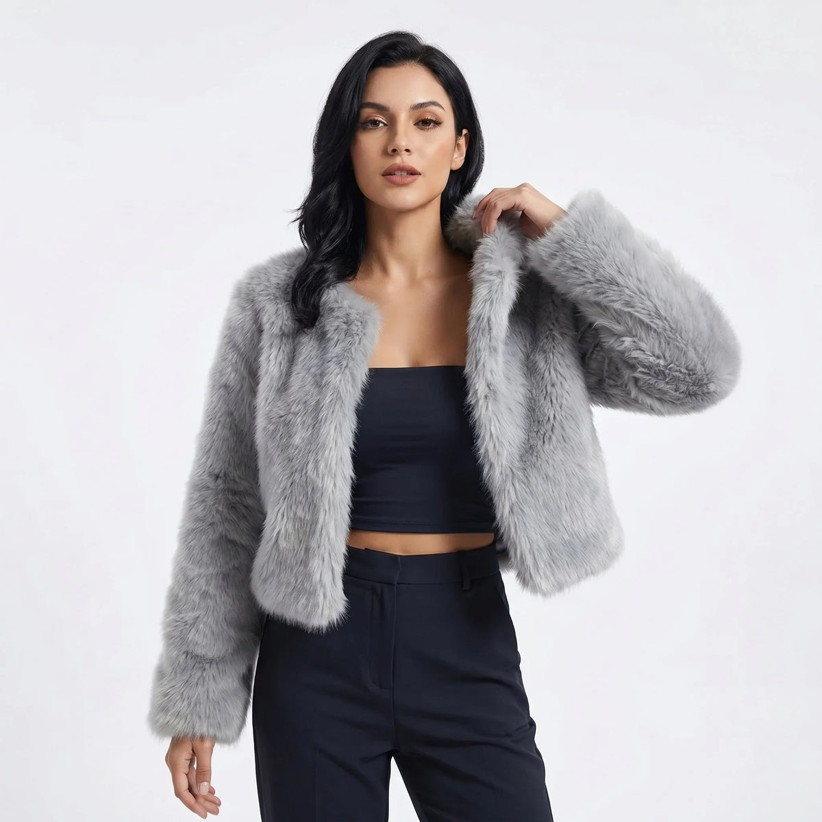 Women's cropped fur-textured cardigan with an open front and long sleeves