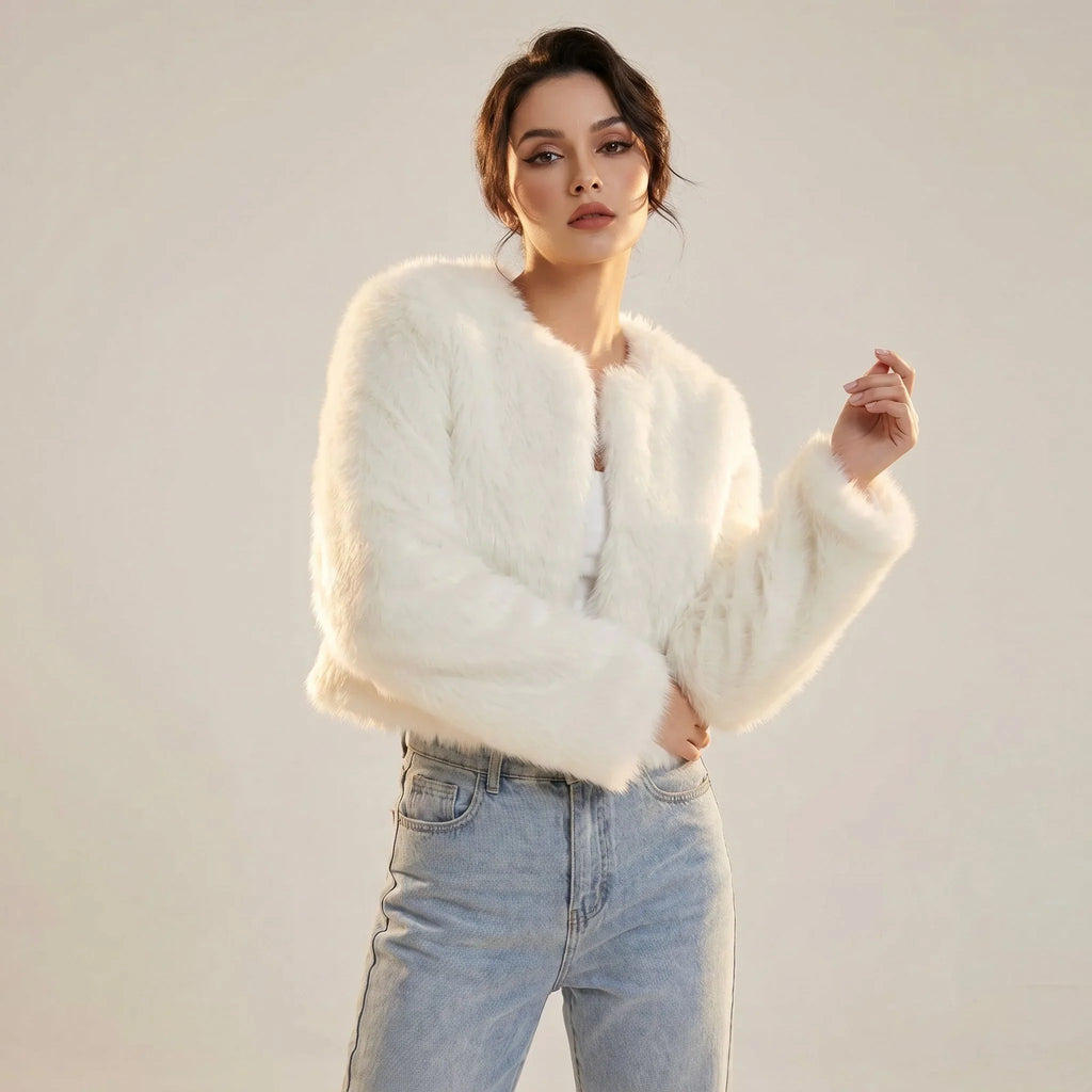 Women's cropped fur-textured cardigan with an open front and long sleeves