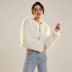 Women's cropped fur-textured cardigan with an open front and long sleeves