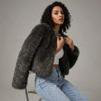 Women's cropped fur-textured cardigan with an open front and long sleeves