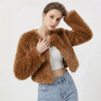 Women's cropped fur-textured cardigan with an open front and long sleeves