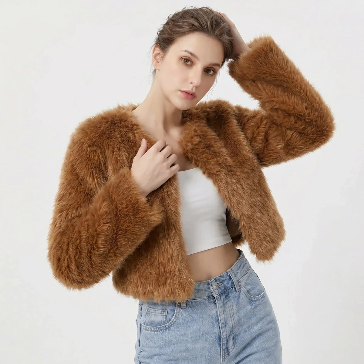 Women's cropped fur-textured cardigan with an open front and long sleeves