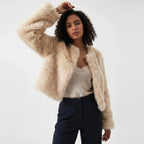 Women's cropped fur-textured cardigan with an open front and long sleeves