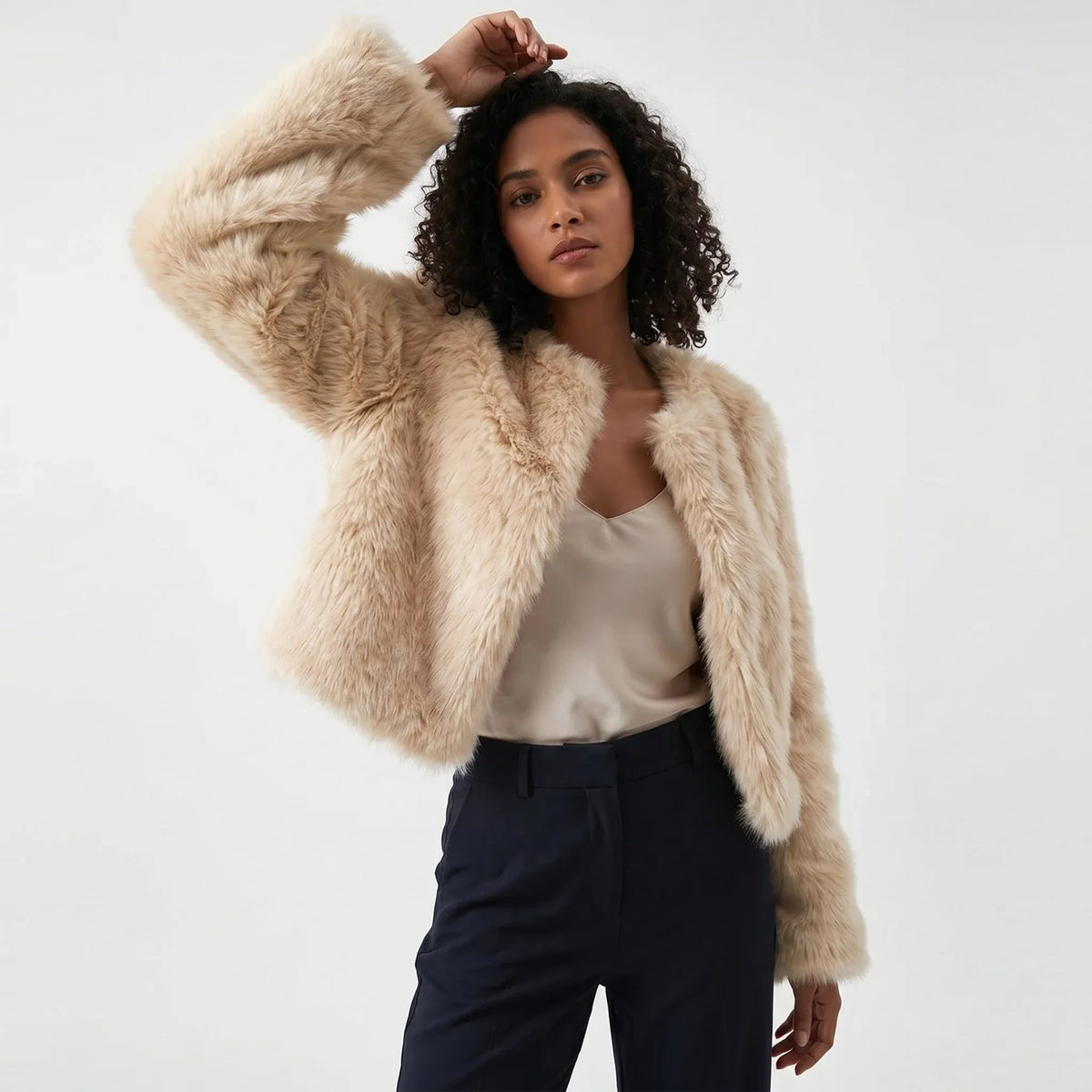 Women's cropped fur-textured cardigan with an open front and long sleeves