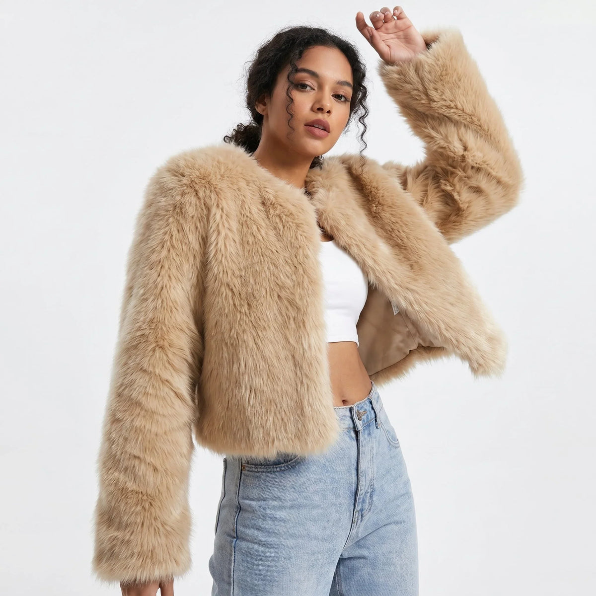 Women's cropped fur-textured cardigan with an open front and long sleeves