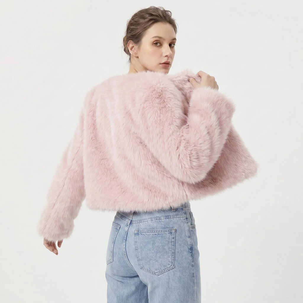 Women's cropped fur-textured cardigan with an open front and long sleeves