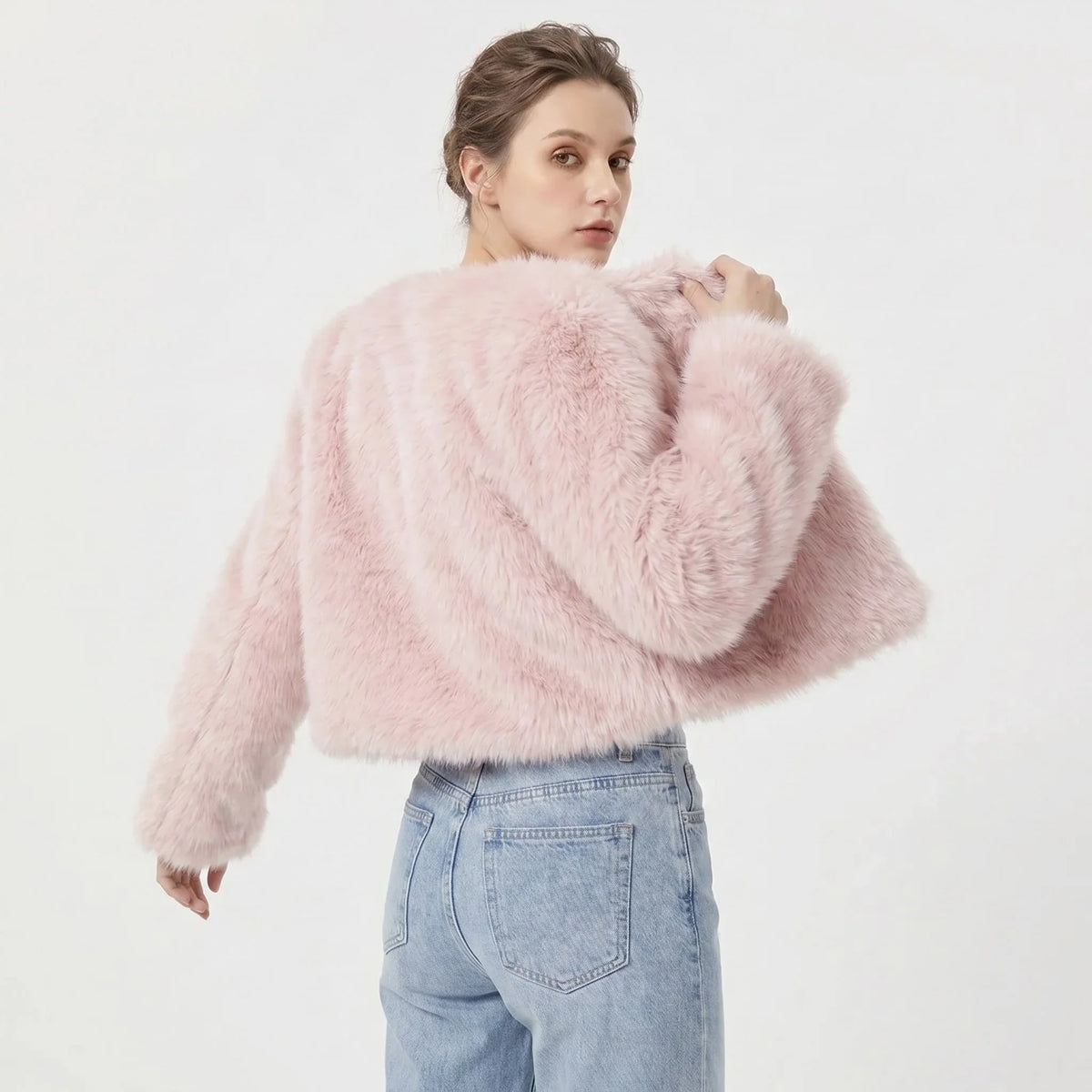 Women's cropped fur-textured cardigan with an open front and long sleeves