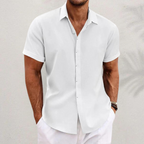 Men's short sleeve collared button shirt with textured finish