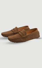 Men's suede loafers with moc toe stitching and flat soles