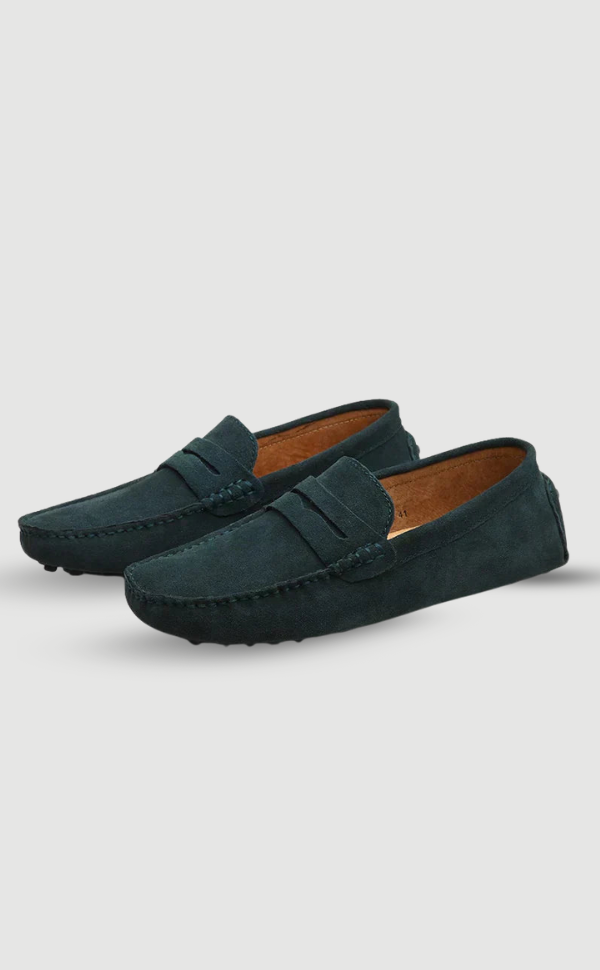 Men's suede loafers with moc toe stitching and flat soles