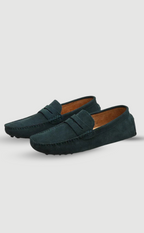 Men's suede loafers with moc toe stitching and flat soles