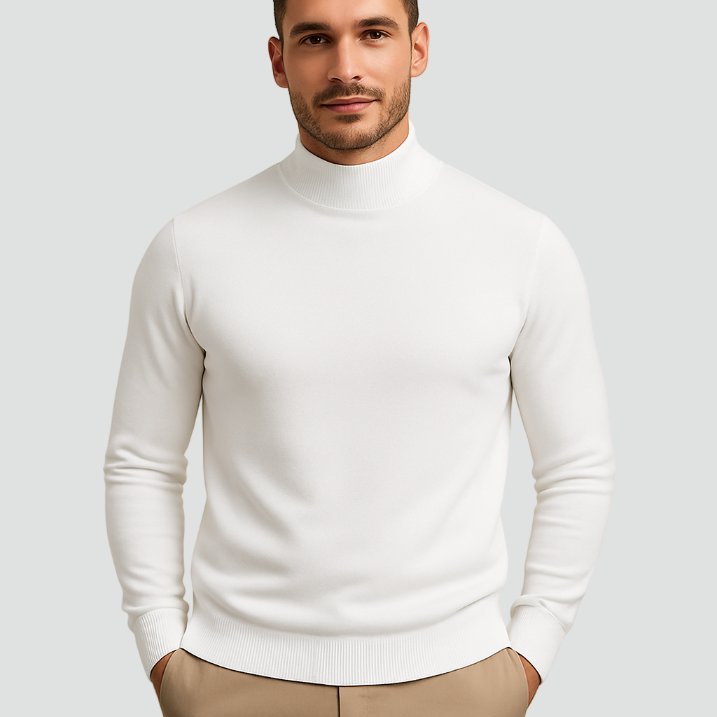 Men's fine knit turtleneck sweater with long sleeves and ribbed trims