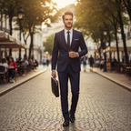 Men's two-piece suit with notch-lapel jacket, matching trousers and pocket square