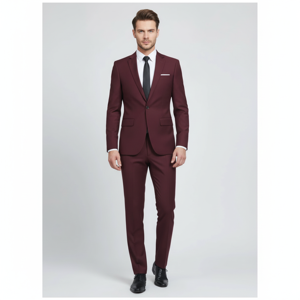 Men's two-piece suit with notch-lapel jacket, matching trousers and pocket square