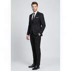 Men's two-piece suit with notch-lapel jacket, matching trousers and pocket square