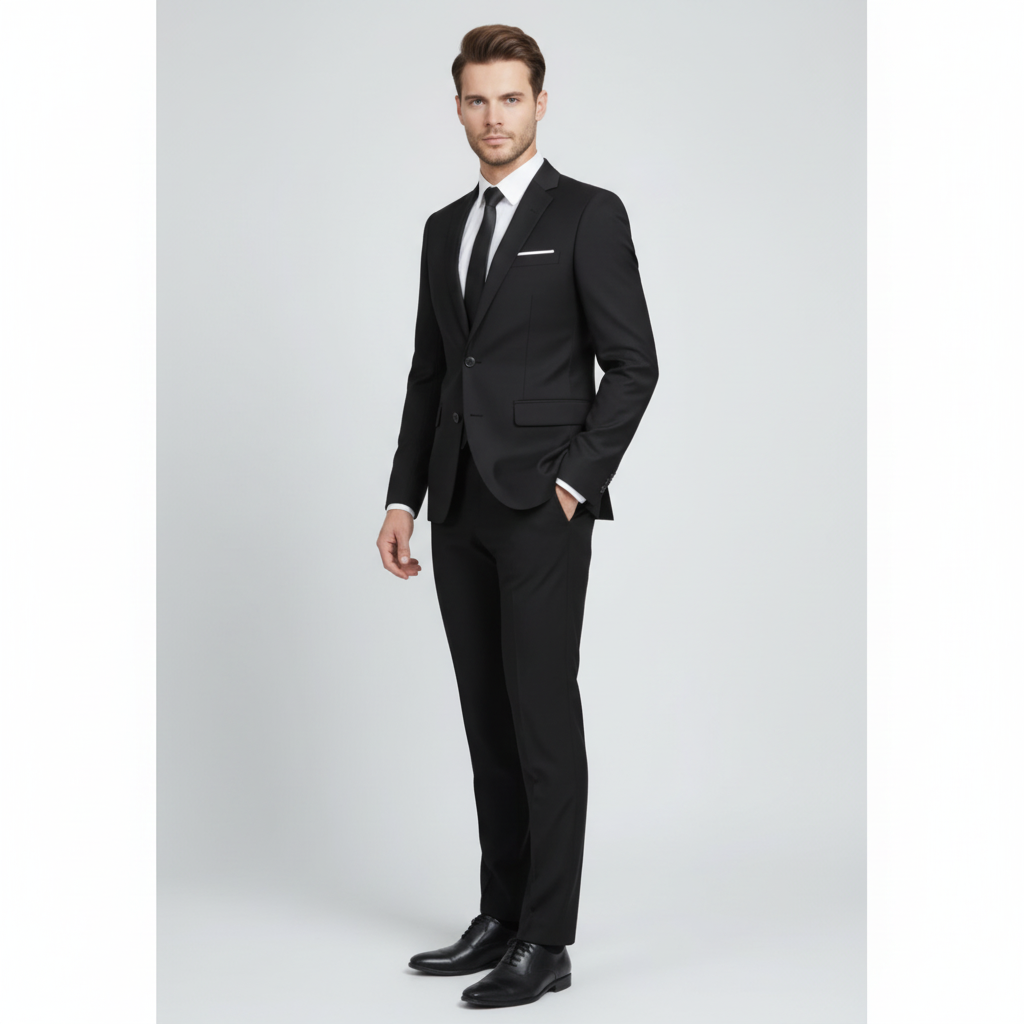 Men's two-piece suit with notch-lapel jacket, matching trousers and pocket square