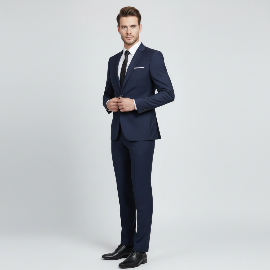 Men's two-piece suit with notch-lapel jacket, matching trousers and pocket square
