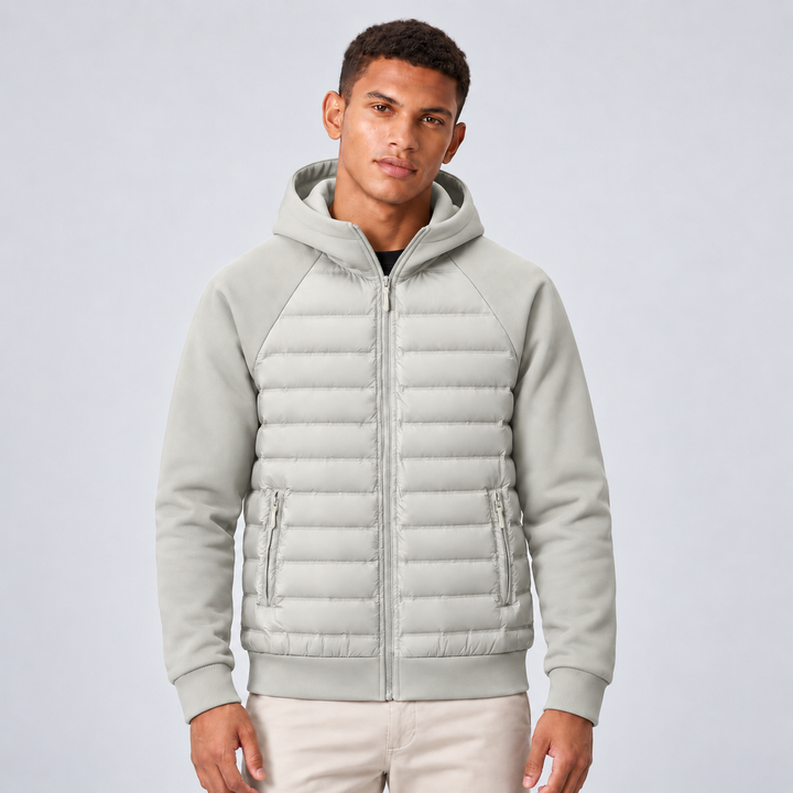 Men's hooded jacket with quilted front panels, knit sleeves and zip front